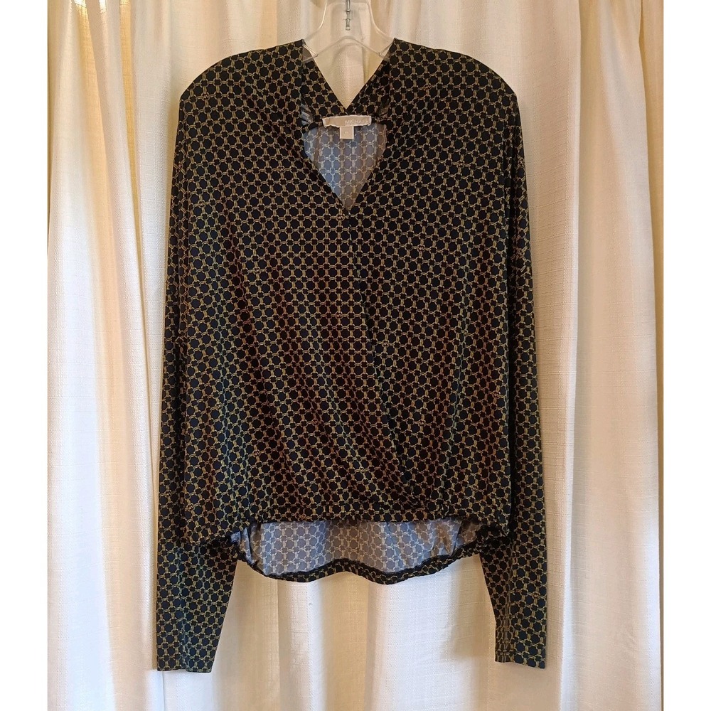 Michael Kors Women's Size XL Faux Wrap Navy Chain Print‎ Long Sleeve Shirt